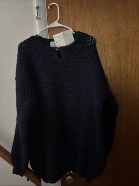 Vintage hand loomed Irish wool Navy Crewneck Sweater with Button Keyhole